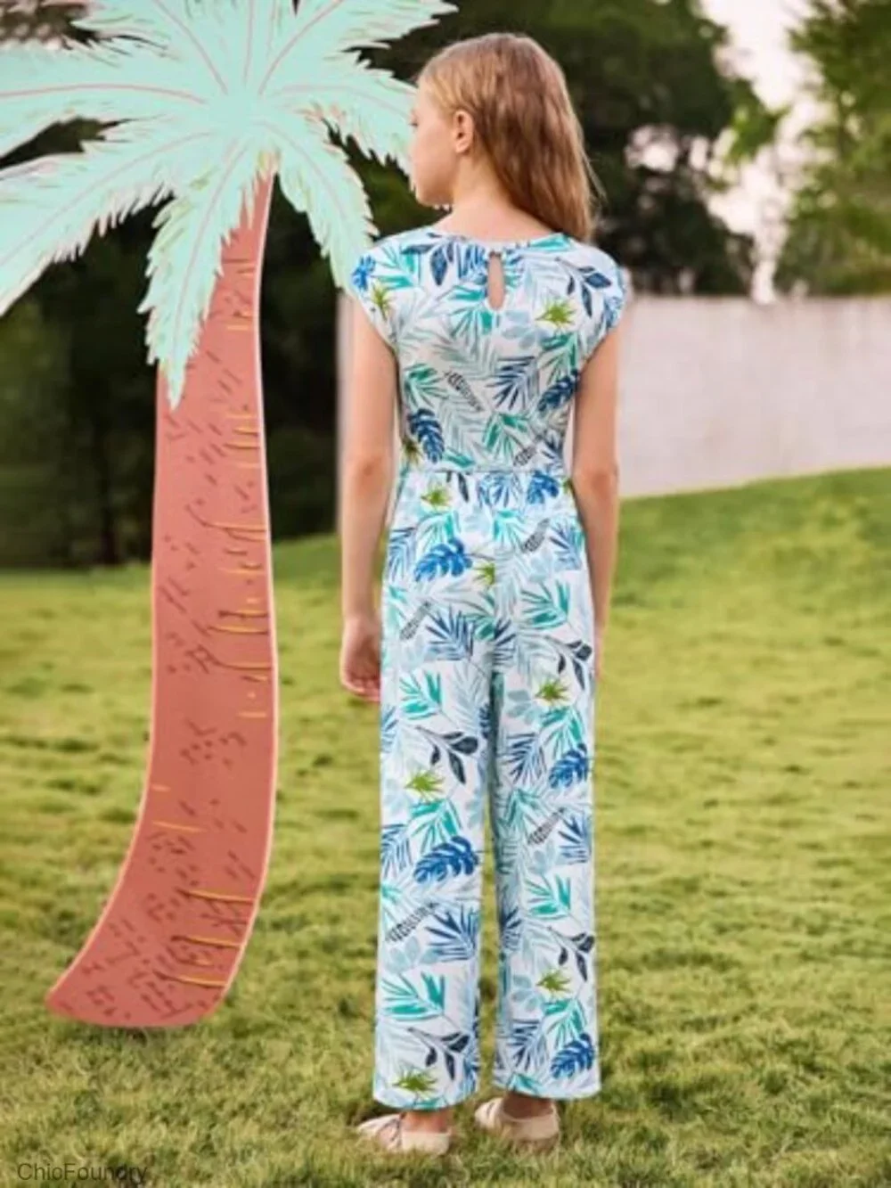 Girls Ribbed Cap Sleeve Wide Leg Jumpsuit Floral Print